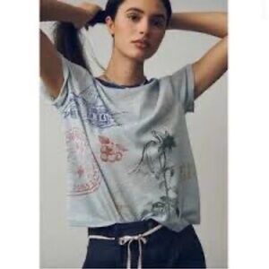 Anthro Pilcro Nautical Graphic Tee Blue Trim XS NWT Stamp Print Sailboat Floral
